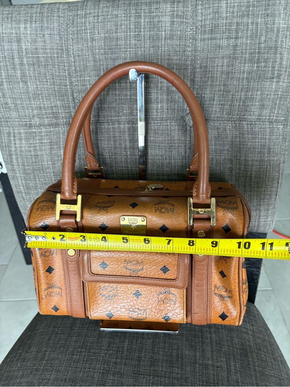 MCM Brown Visetos Logo Satchel with Gold Hardware - Picture 9 of 12